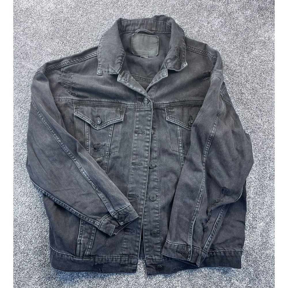 American Eagle Mens Distressed Black Denim Jacket Size XX-Large With Button Fron